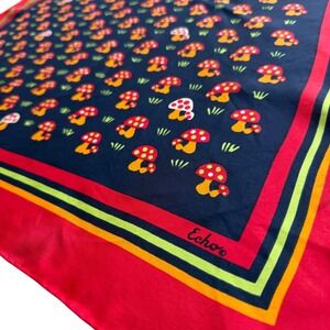 Vtg Echo Mushroom Silk Scarf Red Navy Cottagecore Fairy whimsy 70s retro Fungi